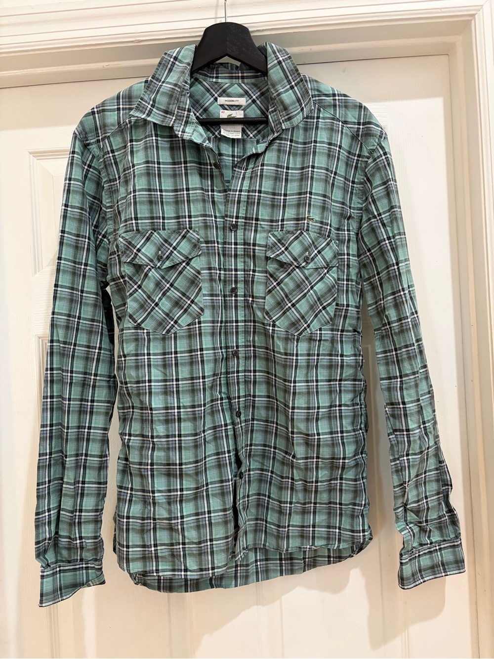 Lacoste Men’s Modern Fit Plaid Button-Up Shirt Green Blue Check Cotton Size 42